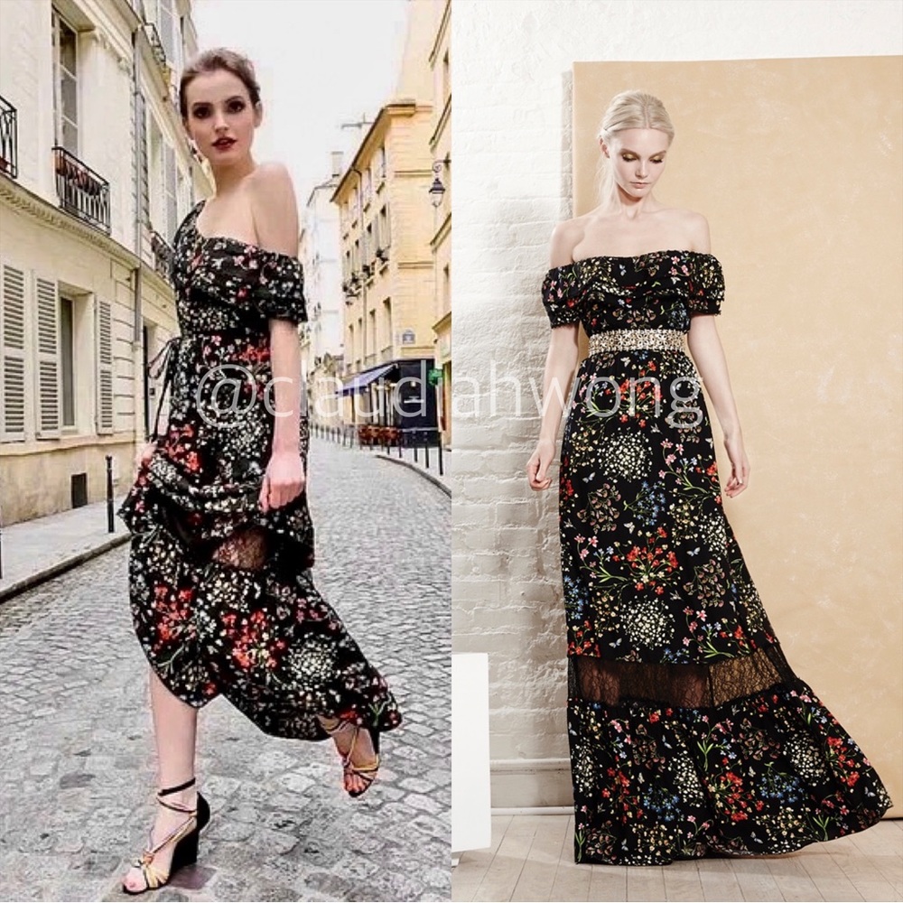 ALICE + OLIVIA Cherri Off Shoulder Floral Lace Maxi Gown in Black - Picture 3 of 15